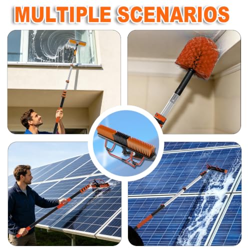 Buyplus 30FT Reach Solar Panel Cleaning Brush Kit with 5-24FT Telescoping Pole, Water Fed Window Cleaner Tool with 20" Brush, Soap Dispenser, Cobweb Duster, Squeegee for Roof, RV, Gutter, Deck,Orange