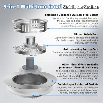 Hibbent Metal Kitchen Sink Drain Strainer and Stopper, Stainless Steel - color: Stainless Steel