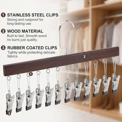 3 PCS Closet Organizer with 12 Clips, Space Saving Legging Hanger 360° Rotating Metal Clip with Silicone Lining Hanger with Clips for Short Skirts,Socks,Bras, Shorts, Underwear, Ties