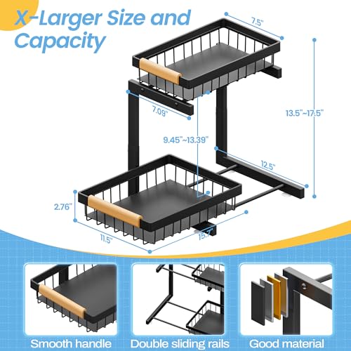 ADBIU Under Sink Organizer 2 Packs 2 Tier Expandable Height Under-Sink Organizers Slide Out Pull Out Organizer Shelf, Black - color: Black, size: X-Large