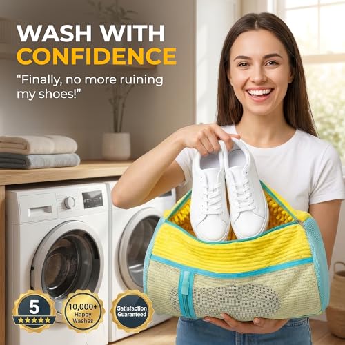 Shoe Washing Machine Bag (2 Pack) – 360° Thick Protection, Highly Durable Mesh Sneaker Washer w/Zipper Lock & Side Pockets – Deep Cleaning Sneaker Laundry Bag for Spotless Shoes - color: Yellow 2pcs