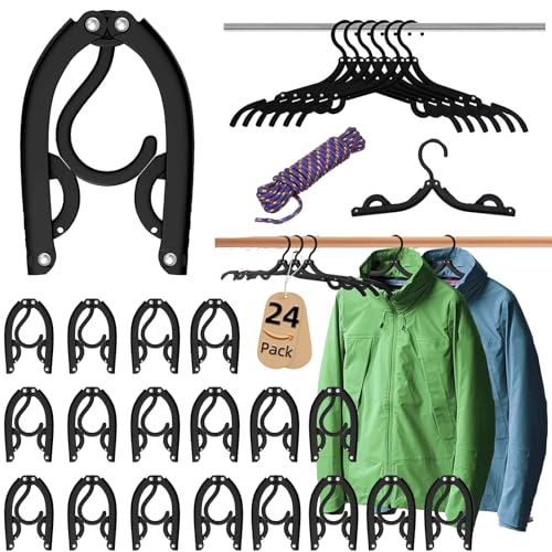 24 Pcs Black Travel Hangers Foldable for Suitcase, Portable Folding Clothes Hangers with Clothesline Travel Accessories, Cruise Ship Essentials Portable Foldable Hangers Drying Rack - size: 24pcs Black With Clothline