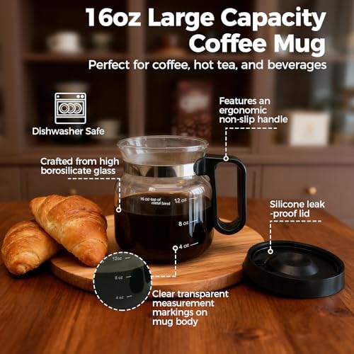 16 Oz Glass Coffee Pot Mug, Heat Resistant Clear Cup with Handle & Spill-proof Lid, Large Capacity Ultra Portable Travel Office Mug, Comes with Straw & Cleaning Brush, Ideal Gift for Coffee Lovers