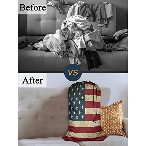 Swono Grunge USA Flag Large Dirty Clothes Laundry Bag for Laundry Basket Hamper, Patriot Striped Design Stars Old Aged Machine Washable Dirty Clothes Organizer, Oxford Cloth, American Banner - color: Grunge USA Flag