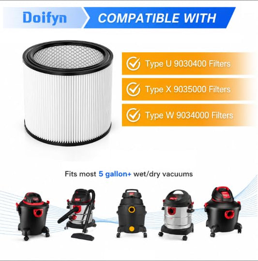 90304 Replacement Filter for Shop Vac, 2 Filters + 2 Lids + 4 Foam Sleeves - color: White