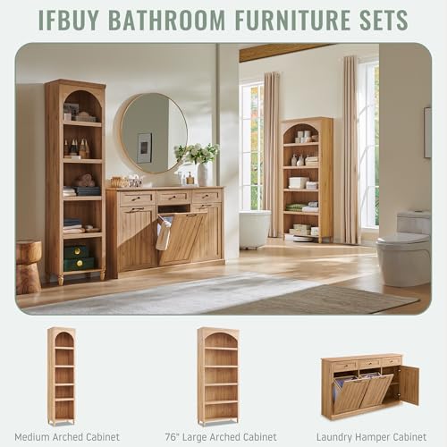 IFBUY Triple Tilt Out Laundry Hamper Cabinet, 20 Gallon Farmhouse Trash Can Cabinet w/Drawer & Adjustable Shelf, Hidden Garbage Can Bin Cabinets w/Laundry Basket for Bathroom, Kitchen (Natural) - color: Natural, size: Triple