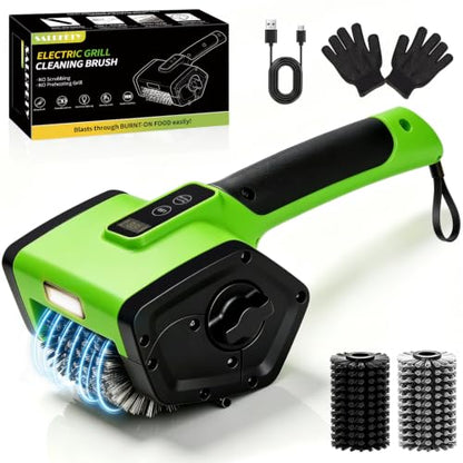 Electric Grill Brush,2-Speed Rechargeable BBQ Grill Cleaner, up to 160 min Runtime, 304 Stainless Steel Brush, LED Light, 2 Brush Heads Included, Most Outdoor Grill Grates - color: Green