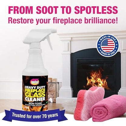 Quick N Brite Fireplace Glass Cleaner Kit with Cloth and Sponge, Removes Soot, Smoke, Creosote, and more, 16 oz, 1-Pack