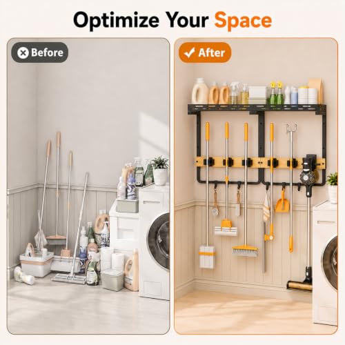 Large Broom Holder and Mop Organizer Wall Mount with Shelf - size: Large