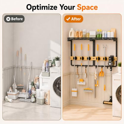 Large Broom Holder and Mop Organizer Wall Mount with Shelf - size: Large