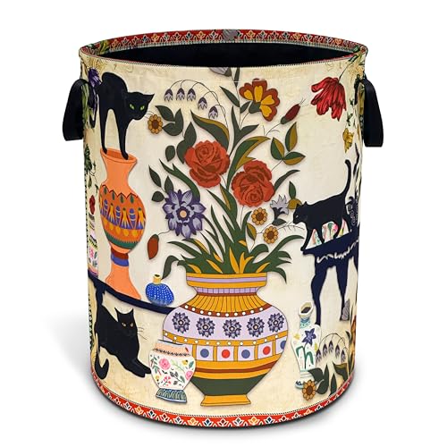 Black Cat Flower Laundry Basket Floral Vase Art Oxford Cloth Laundry Hamper - color: Black Cat Flowers