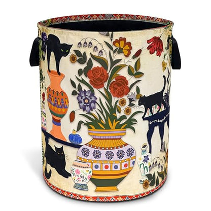 Black Cat Flower Laundry Basket Floral Vase Art Oxford Cloth Laundry Hamper - color: Black Cat Flowers