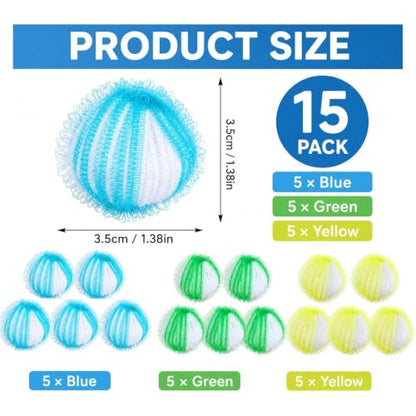 15PCS Laundry Hair Catcher, Multi-Pet Household Solution, Ball Set in Sky Blue Green Yellow Colors, Washing Machine Fabric Care System for Daily Laundry Maintenance