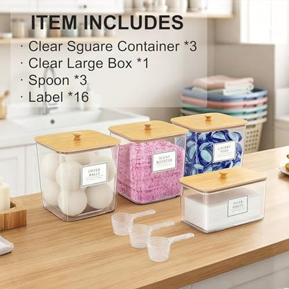 FUSHITON Laundry Pods Storage Container, 3+1 Clear Storage Bins with Bamboo Lids for Detergent Pods, Scent Beads & Dryer Sheets, Includes 16 Labels and 3 Measuring Scoops - size: 3+1 Set