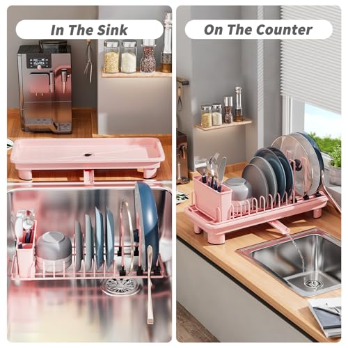 Small Dish Drying Rack, Stainless Steel with Drain Board & Utensil Holder - color: Pink