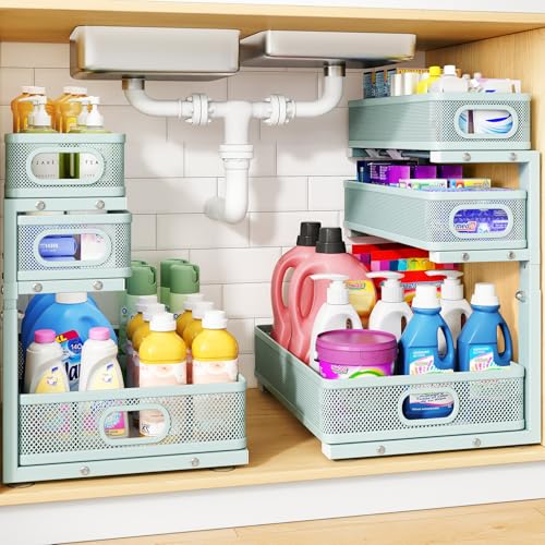 Under Sink Organizer, 3-Tier Thickened Metal Pull out Cabinet Organizer Shelf, Height Adjustable Slide out Storage Drawer Rack for Kitchen Bathroom Pantry Laundry Home, 2-Pack, LightBlue - color: LightBlue, size: 2-Pack
