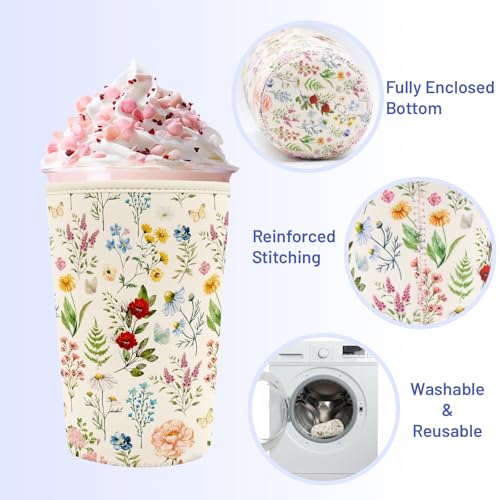 Iced Coffee Sleeve Reusable Neoprene Cup Sleeves, Floral - color: Floral