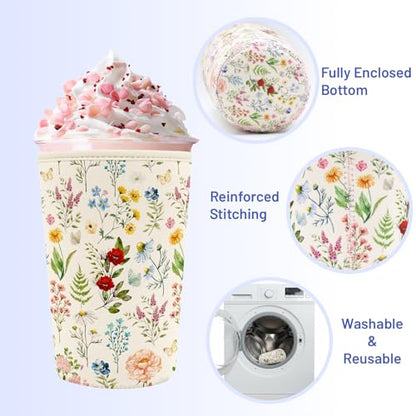 Iced Coffee Sleeve Reusable Neoprene Cup Sleeves, Floral - color: Floral
