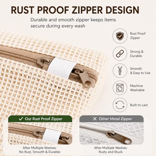 100% Cotton Mesh Laundry Bags, Rust-Proof Zipper Wash Bags for Delicates, Natural Undyed Bags for Lingerie, Sweaters and Baby Clothes, Set of 4 (Natural Cotton, XXL × XL × L × M) - size: XXL × XL × L × M