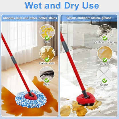 Spin Mop Handle Replacement for Ocedar, Mop Heads Replacements Compatible with RinseClean 2 Tank System, Include 2 Microfiber Spin Mop Replace Heads,4 Section Iron Mop Handle,1 Base and 1 Scrub Brush - size: 2 Tank-NEW