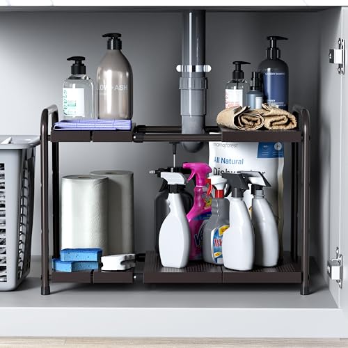 Simple Houseware Under Sink 2-Tier Heavy Duty Expandable Organizer, Bronze - color: Bronze