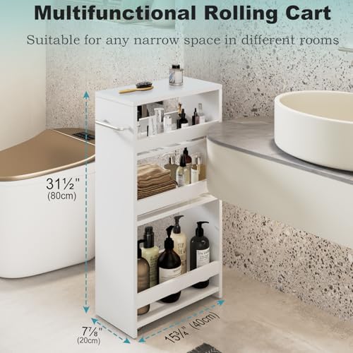 MARTY Slim Rolling Storage Cart, Wood Utility Kitchen Bathroom Laundry Cart - color: All White, size: 7.9"D x 15.75"W x 31.5"H
