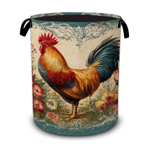 Vintage Rooster Flower Laundry Basket,Foldable Oxford Laundry Hamper with Handles,Portable Clothes Tote Bag Clothes Storage Bucket Organizer 20.8" x16" For Bathroom/Laundry Storage/Bedroom - color: Vintage Rooster Flower