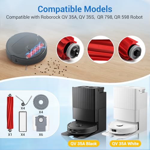 QV 35A Replacement Parts for Roborock QV 35A QV 35S QR 598 QR 798 Robotic Vacuum Cleaner with 1 Roller Brush,4 Mops,4 HEAP,4 Side Brushes,6 Dust Bags,1 Screwdrivers,1 Clean Brush Accessories - color: 21 Pack Sets