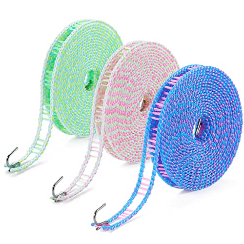3-Pack Windproof Clothesline with Hooks – Super Strong and Durable, PE Material, 16ft – Ideal for Indoor/Outdoor Use & Travel