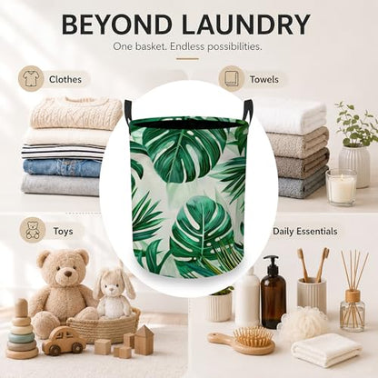 Tropical Leaves Laundry Basket, Green Foliage Collapsible Laundry Hamper Waterproof Oxford Cloth With Handles, Clothes Storage Bucket For Bathroom/Bedroom 16" x 20.8" - color: Tropical Leaves