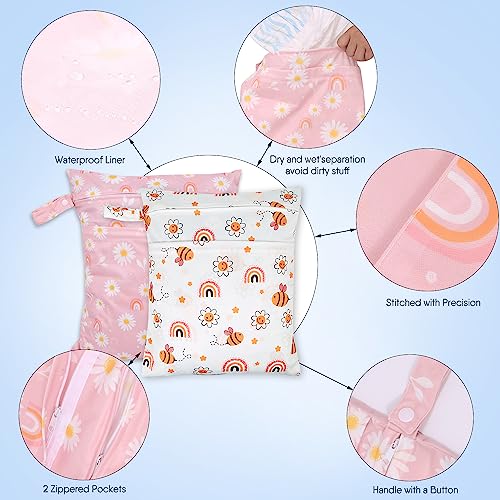 2pcs Travel Waterproof Laundry Bag, Cloth Diaper Wet Dry Bags with Handle & 2 Zipper Pockets, Reusable Washable Dirty Clothes Bag for Baby Adult Travelling Hanging, Bathing Beach Pool Daycare - color: Cartoon 1 White + Pink