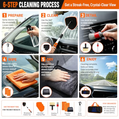 XINDELL Interior Windshield Cleaner Tool, Extendable Car Window Cleaning Kit with 360° Rotating Head