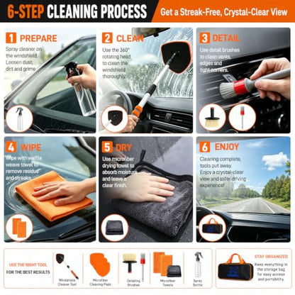XINDELL Interior Windshield Cleaner Tool, Extendable Car Window Cleaning Kit with 360° Rotating Head