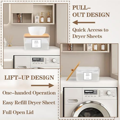 Dryer Sheet Holder, Clear Dryer Sheet Dispenser with Bamboo Lid