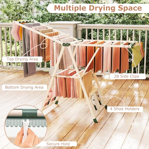 GIANTEX Foldable Metal Clothes Drying Rack, 64" Height Adjustable Wings - color: Beige, size: 64"L x 39"-62"H