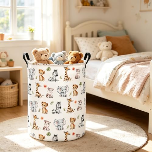 Round Jungle Wildlife Laundry Hamper, Cotton Canvas Storage Bin - color: Round Safari Animal