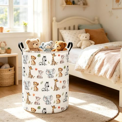 Round Jungle Wildlife Laundry Hamper, Cotton Canvas Storage Bin - color: Round Safari Animal