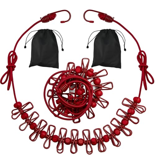 2 Pack Camping Clothesline Portable 12 Clothespins, Red - style: Red