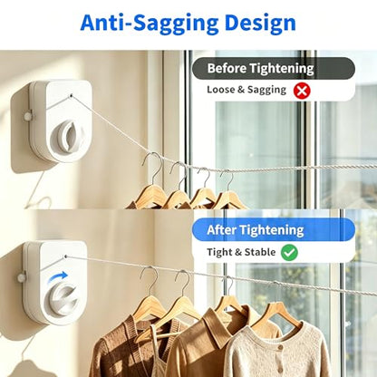 Retractable Clothesline Indoor, Non-Sagging Outdoor Clothes Line Retracting Heavy Duty Clothes Drying Laundry Line Wall Mounted Stainless Steel Line-15.8 Feets (White) - color: White