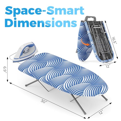 KINGBOARD Small Tabletop Ironing Board with Iron Rest 30x12 Blue and White - color: Blue