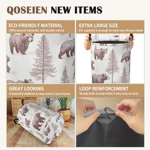 Large Laundry Basket,Retro Bear Collapsible Laundry Baskets,Forest Printed Waterproof Oxford Hamper with Handles for Bathroom Bedroom Nursery Home Storage 16"x20" - color: Retro Bear,Forest Printed