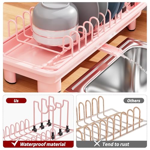 Small Dish Drying Rack, Stainless Steel with Drain Board & Utensil Holder - color: Pink