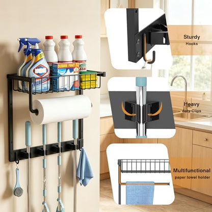 Broom Holder Wall Mount with Paper Towel Holder& Removable Anti-fall Basket