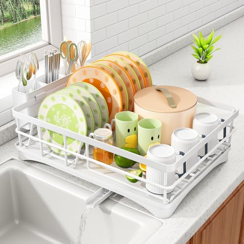 SAYZH Dish Drying Rack for Kitchen Counter with Utensil Holder, White - color: White