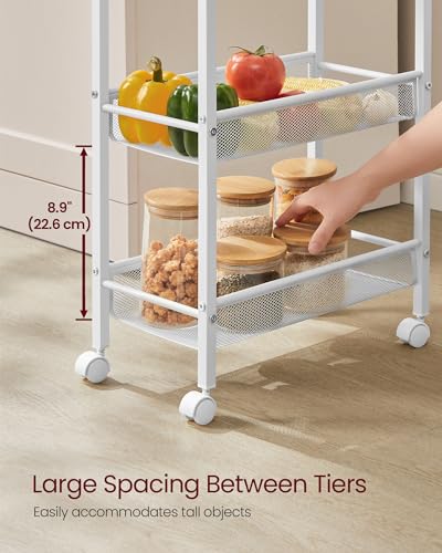 VASAGLE 5-Tier Slim Rolling Storage cart with Wheels, 8.7 Inches, Metal - color: Oak Beige + Classic White, size: 5 Tiers (8.7"D x 39.2"H)