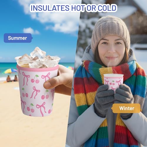 Iced Coffee Sleeve Reusable Neoprene Cup Sleeves, Cherry Bow - color: Cherry Bow
