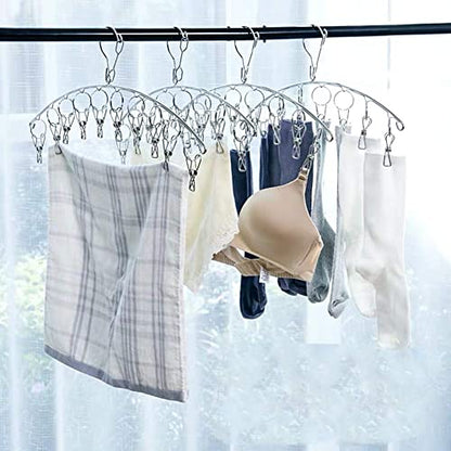 10 Pack Laundry Drying Rack Clothes Hanger with 10 Clips, Stainless Steel Clothes Drying Rack Sock Hangers Windproof Clip and Drip Hanger for Drying Socks, Bras, Towel, Underwear, Diapers