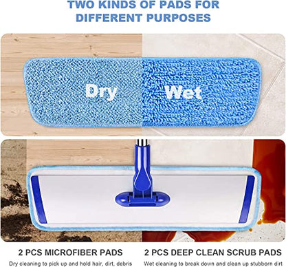 18" Professional Microfiber Mop Floor Cleaning mop, Flat Mop with Stainless Steel Handle,4 Reusable Washable Mop Pads and mop Pads Brush,Microfiber Mop for Hardwood (18" Microfiber Mop)