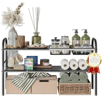 Under Sink Organizers and Storage,Expandable under cabinet organizer Shelf - size: 6 Panels and 2 Baskets