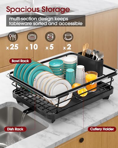 Sakugi Extendable Dish Drying Rack Over Sink with Dish Drainer, Sink Organization and Storage Essentials with Silverware & Utensil Holder, Home and Apartment Decor, 12" W x 16.1~23" L, Black - color: Black, size: 12"W x 16.1~23"L